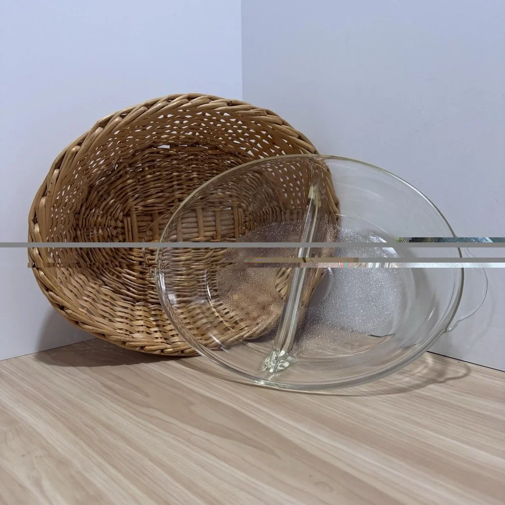 VTG Clear Glass Glasbake Divided Casserole Dish #239 w/Woven Wicker Basket Oval